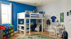 Stylish young boy’s bedroom with blue walls, loft bed, play rug, and organized storage.