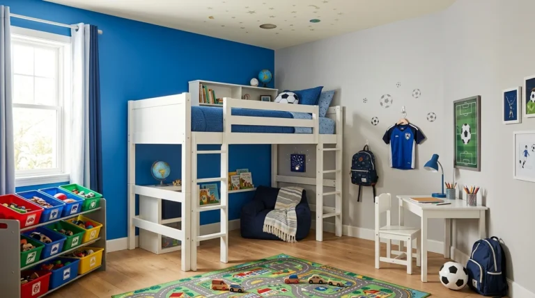 Stylish young boy’s bedroom with blue walls, loft bed, play rug, and organized storage.