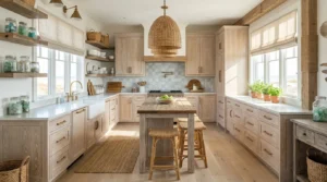 A beautiful airy coastal kitchen in a relaxed beach cottage, whitewashed oak cabinetry with visible natural wood grain, soft blue and crisp white color palette, light sandy wide-plank flooring, large windows flooding the room with natural sunlight, white farmhouse sink, light quartz countertop with subtle gray veining, reclaimed wood open shelves, woven rattan pendant lights, aged brass cabinet hardware, woven bar stools, subtle rope details, fresh potted herbs, weathered wood accents, soft linen window treatments, tasteful sea glass display, realistic lived-in styling, elegant but casual beach house atmosphere, sophisticated coastal interior design, natural textures, warm daylight, photorealistic, high-end interior photography, wide-angle composition, no people, no text.