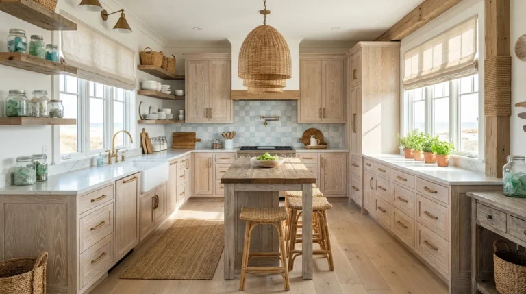A beautiful airy coastal kitchen in a relaxed beach cottage, whitewashed oak cabinetry with visible natural wood grain, soft blue and crisp white color palette, light sandy wide-plank flooring, large windows flooding the room with natural sunlight, white farmhouse sink, light quartz countertop with subtle gray veining, reclaimed wood open shelves, woven rattan pendant lights, aged brass cabinet hardware, woven bar stools, subtle rope details, fresh potted herbs, weathered wood accents, soft linen window treatments, tasteful sea glass display, realistic lived-in styling, elegant but casual beach house atmosphere, sophisticated coastal interior design, natural textures, warm daylight, photorealistic, high-end interior photography, wide-angle composition, no people, no text.