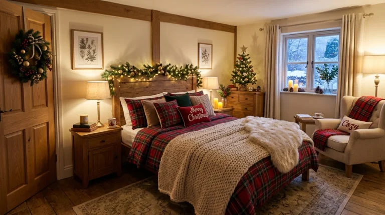 Cozy Christmas bedroom with fairy lights, plaid bedding, garland and festive holiday décor