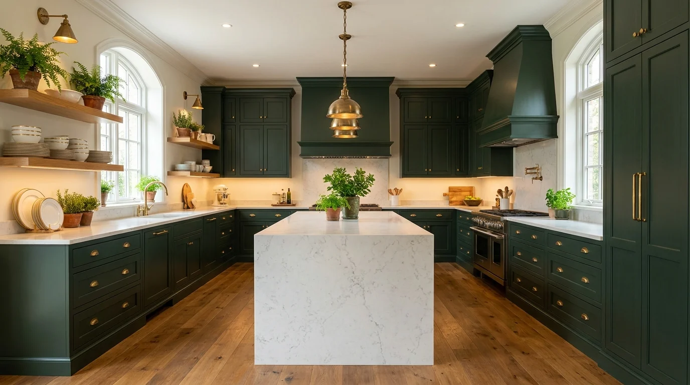 Elegant dark green kitchen with brass hardware, marble island, warm wood accents and layered lighting.