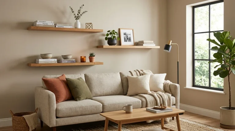 Alt Text: Stylish floating shelves arranged above a living room sofa with plants, books, and decorative objects.