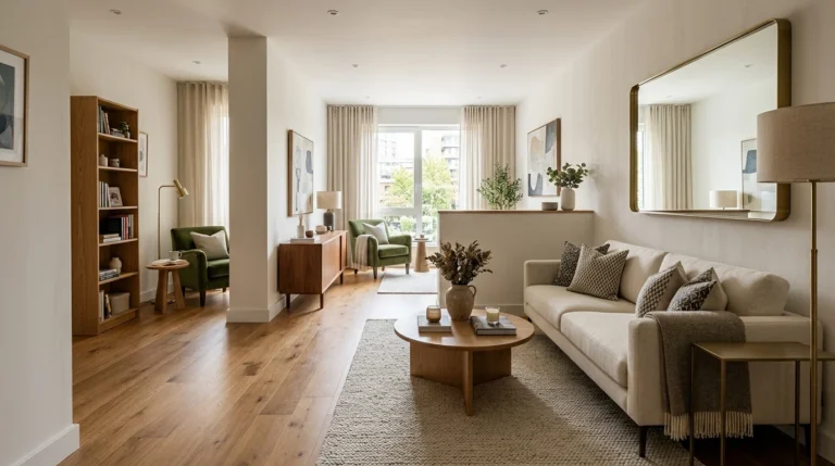 Long narrow living room layout with stylish furniture and defined zones