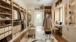 Boutique-inspired walk-in closet with organized clothing, elegant storage, and full-length mirror.