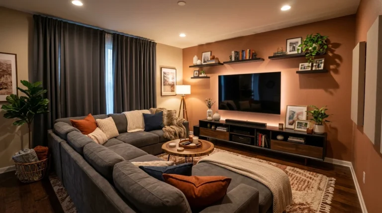 Cozy modern TV room with sectional sofa, wall-mounted television, warm lighting, and stylish décor.