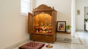Peaceful modern pooja room with a traditional wooden mandir
