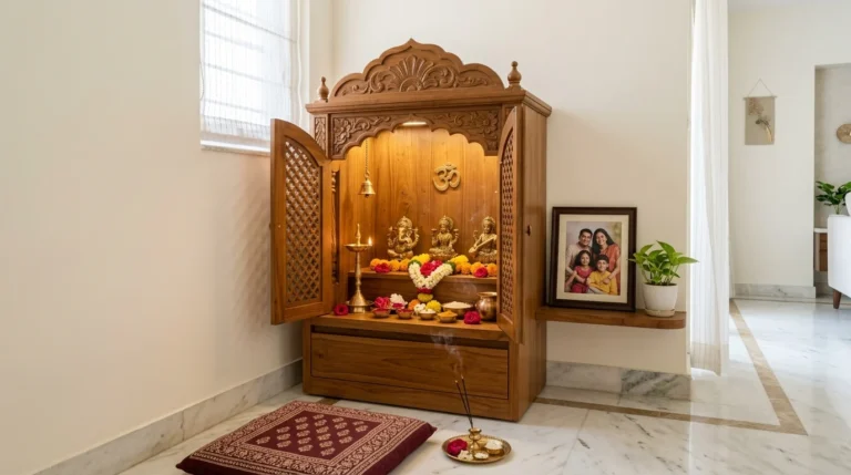 Peaceful modern pooja room with a traditional wooden mandir