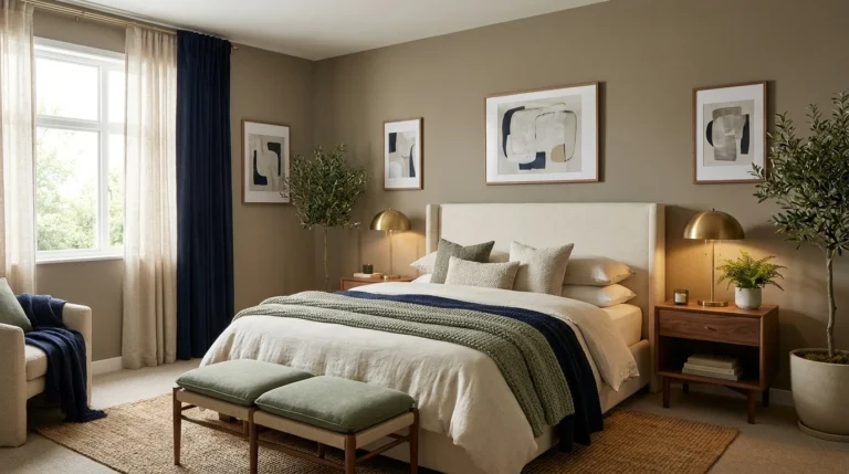 Stylish bedroom with calming painted walls, cozy bedding and warm wood accents