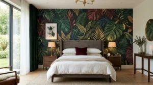 Bold statement wallpaper accent wall in a stylish bedroom