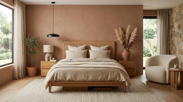 “Earthy modern bedroom with natural wood, linen and warm neutral decor”