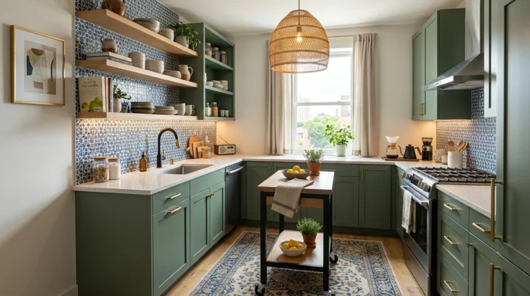 Stylish small kitchen with green cabinets, patterned backsplash and smart storage