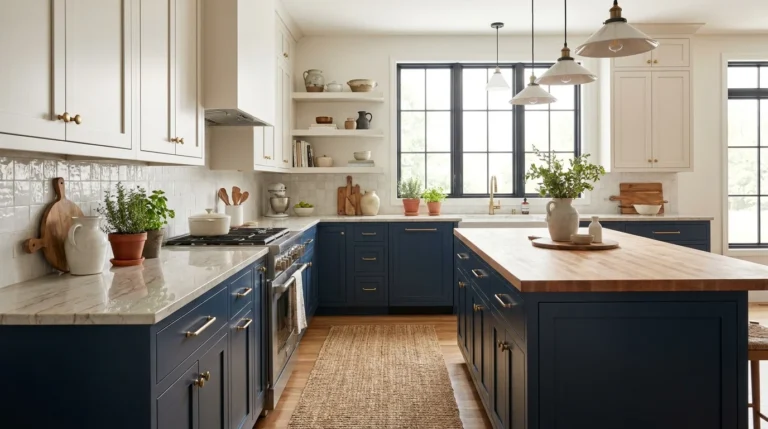 Two-tone painted kitchen cabinets with white uppers and navy blue lower cabinets