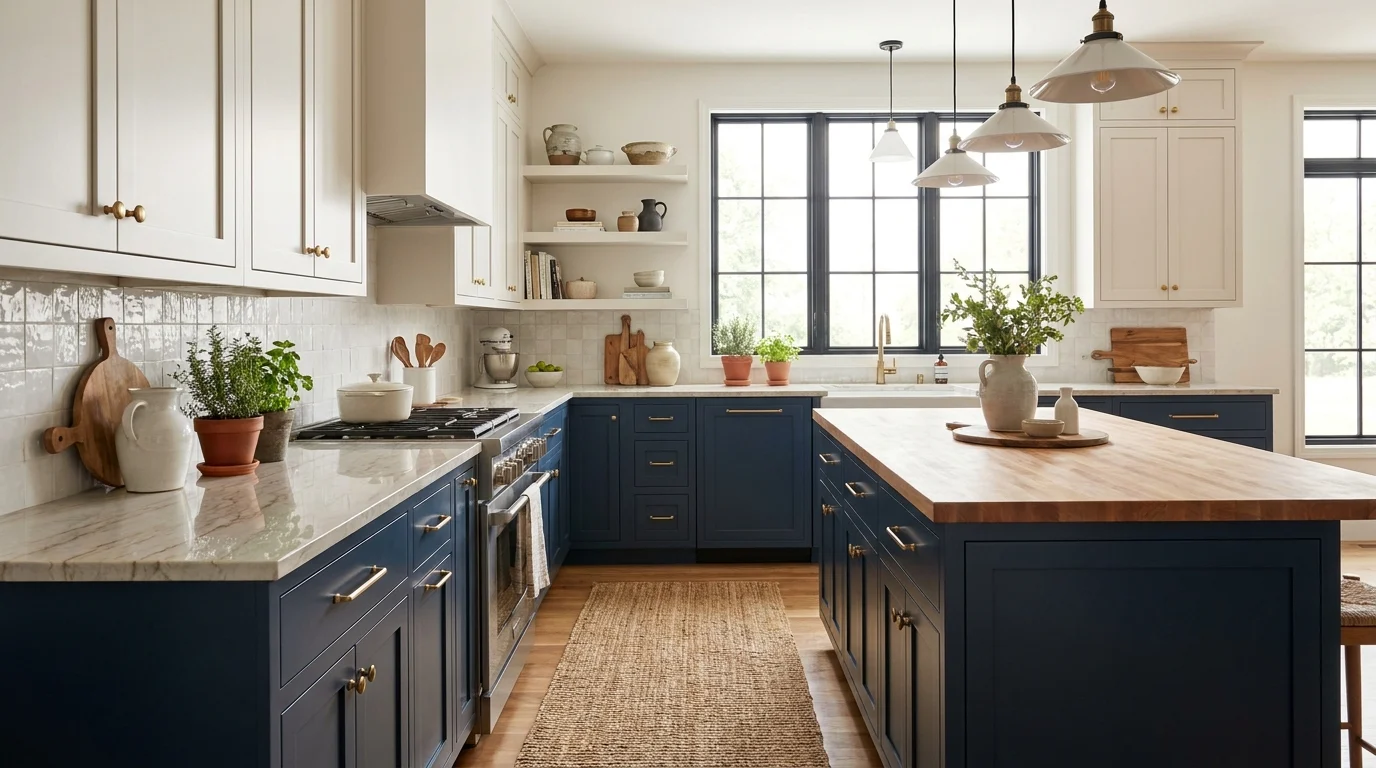 Two-tone painted kitchen cabinets with white uppers and navy blue lower cabinets