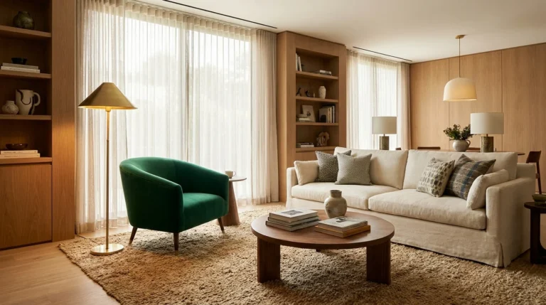 Modern living room with a stylish emerald green accent chair, sofa, side table and warm lighting.