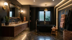 Luxury dark bathroom with charcoal walls, brass fixtures, black tub, and warm lighting