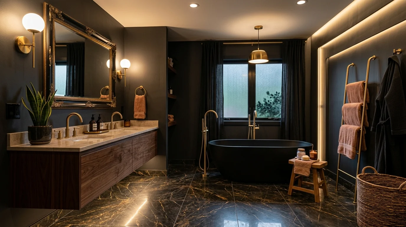 Luxury dark bathroom with charcoal walls, brass fixtures, black tub, and warm lighting