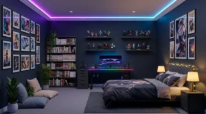 Stylish anime-inspired bedroom with LED lighting, artwork, collectibles, gaming setup and cozy décor.