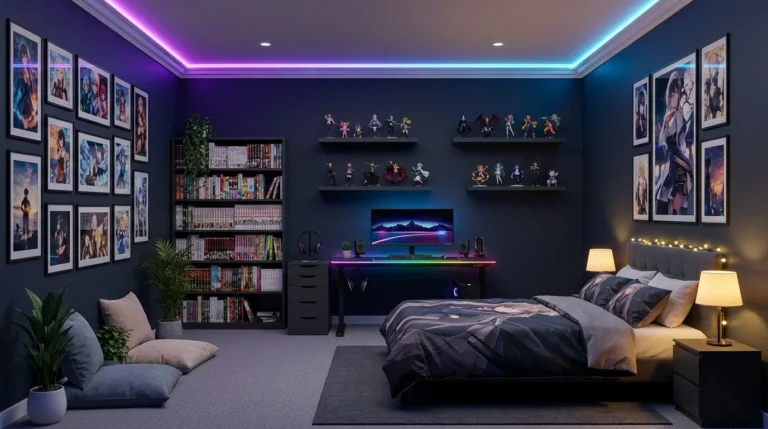 Stylish anime-inspired bedroom with LED lighting, artwork, collectibles, gaming setup and cozy décor.