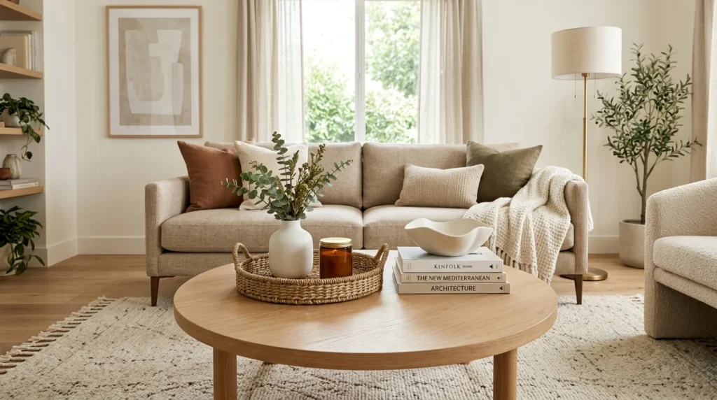 Stylish round coffee table with books, vase, tray and decorative objects