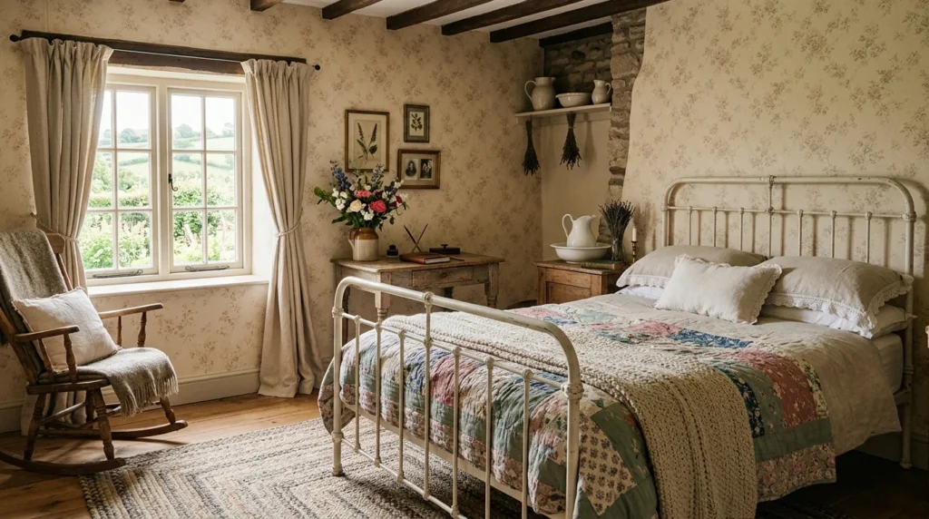 “Cozy cottagecore bedroom with vintage furniture, floral wallpaper and handmade décor”