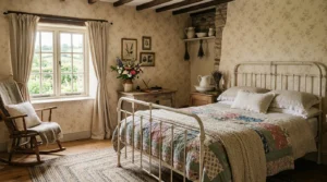 “Cozy cottagecore bedroom with vintage furniture, floral wallpaper and handmade décor”