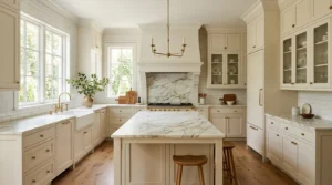 Timeless elegant kitchen with marble countertops, brass hardware and classic cabinetry