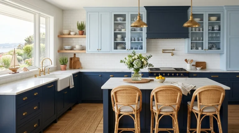 Blue kitchen cabinets with brass hardware, marble countertops and natural wood accents