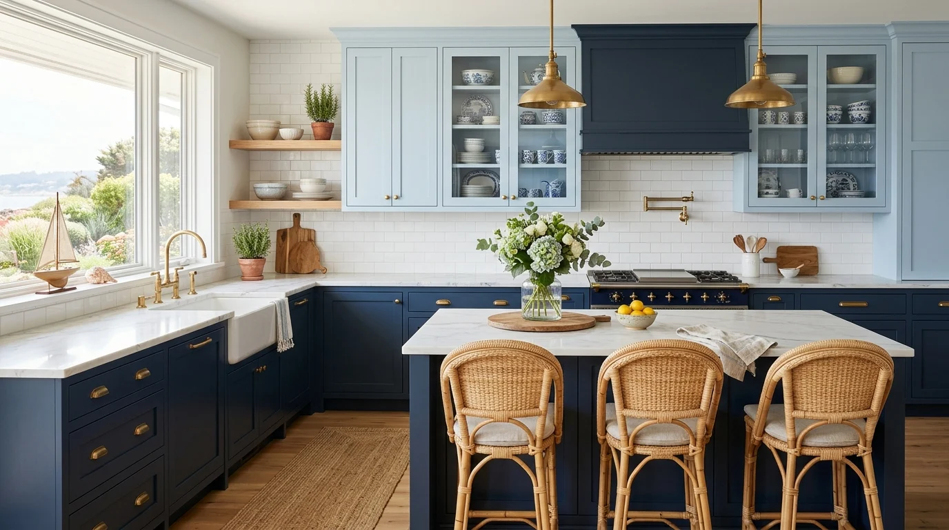 Blue kitchen cabinets with brass hardware, marble countertops and natural wood accents