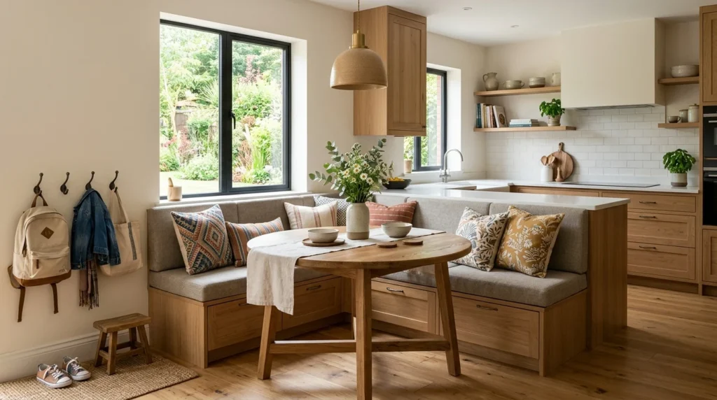 “Cozy kitchen with an L-shaped banquette dining area and round table”