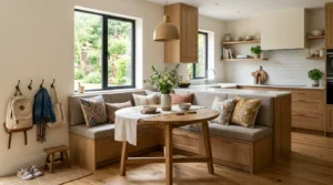 “Cozy kitchen with an L-shaped banquette dining area and round table”