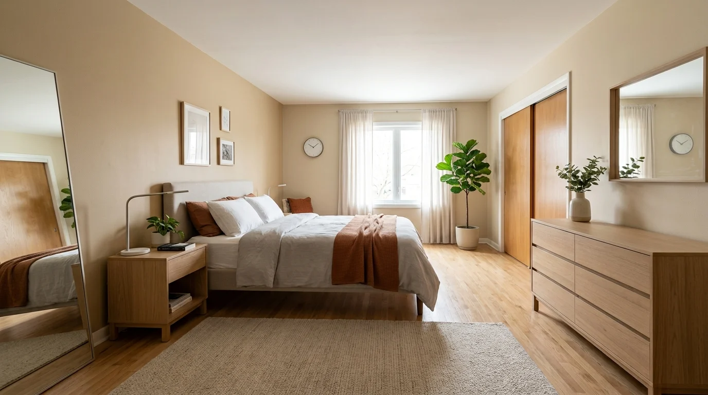 Bedroom layout with clear pathways and functional furniture arrangement